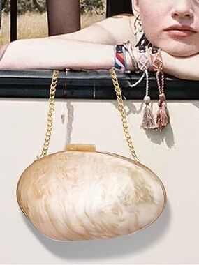 Pearlized Evening Bag Hardshell Apricot Gold Chain Clutch or Crossbody Abalone
